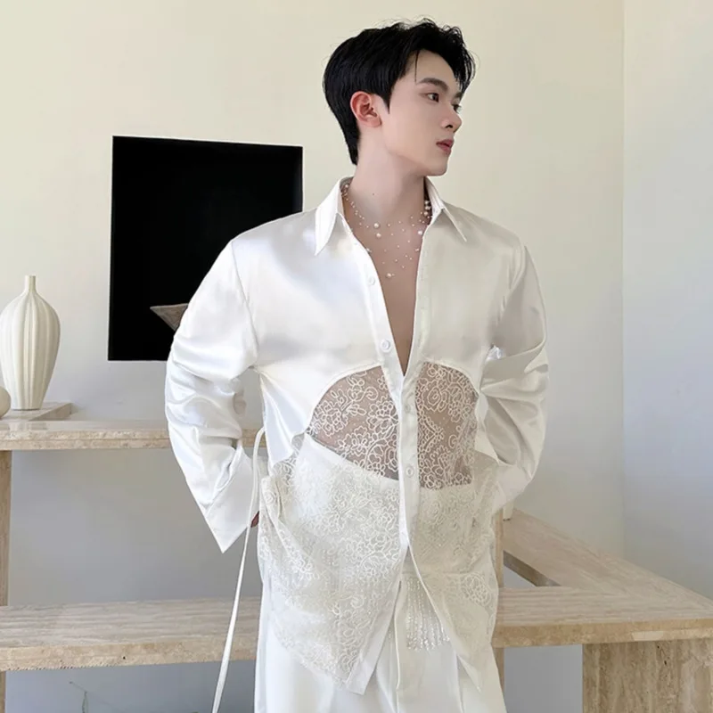 WVGA весна осень новый мужской кружевной лоскутный модный дизайн рубашка с длинным рукавом нишевый шикарный повседневный топ с отложным воротником Ins W14358