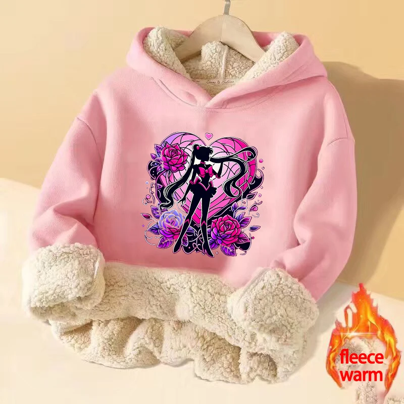 

Sailor Moons Gril Baby Sweatshirt Thickened Fleece Hoodie Child's Y2k Vogue Long Sleeve Winter Warm Cashmere Hooded Tops Clothes