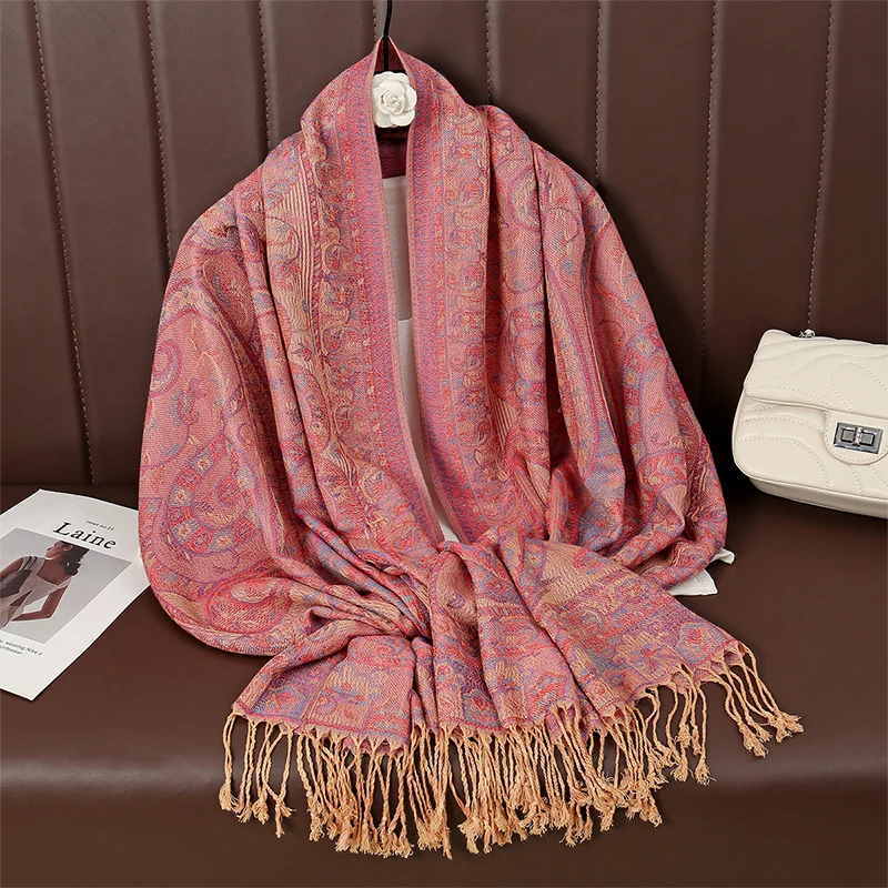 70*190cm Retro Women Jacquard Scarf Thick Tassel Soft Shawl Winter Warm Neck Wrap Pashmina Floral Muslim Hijab