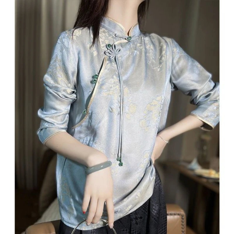 Simulated Silk Women\'s Summer High-end Sense Retro Chinese Style Buckle Fashion Temperament Loose Long Sleeved Stand Collar Shir