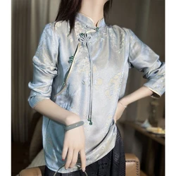 Simulated Silk Women's Summer High-end Sense Retro Chinese Style Buckle Fashion Temperament Loose Long Sleeved Stand Collar Shir