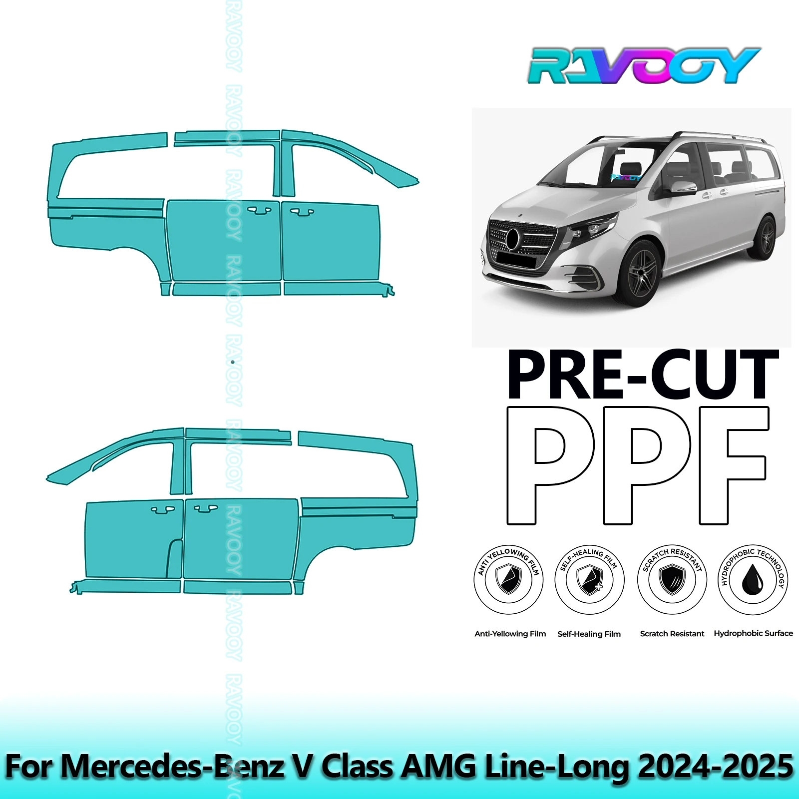 

For Mercedes-Benz V Class AMG Line-Long 2024-2025 8.5mil Pre-Cut PPF Door & A/B Pillar Kit TPU Paint Protection Film Set
