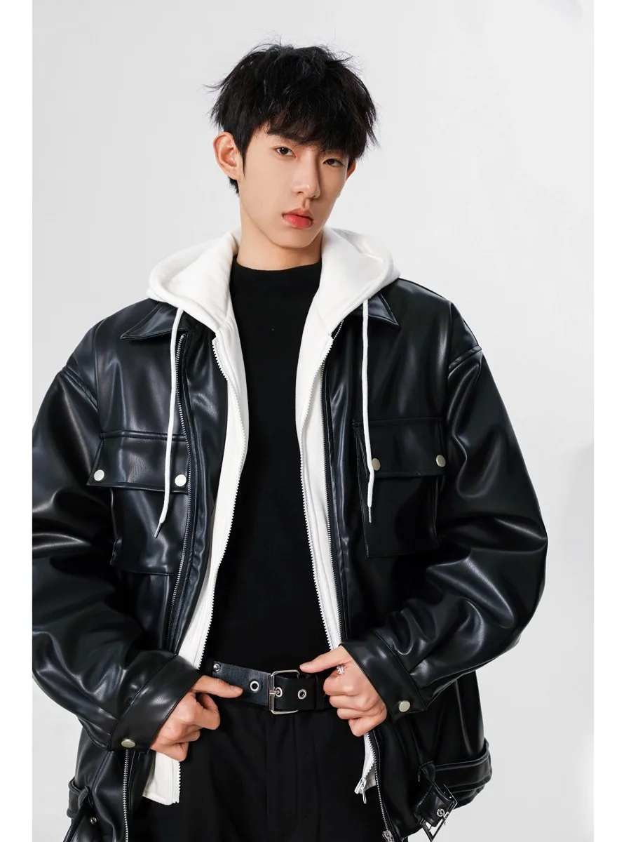 

Premium Feel Double Zipper Hooded Leather Jaet Men's Cotton Coat Autumn Winter American Retro Sle Youth Faion Warmth