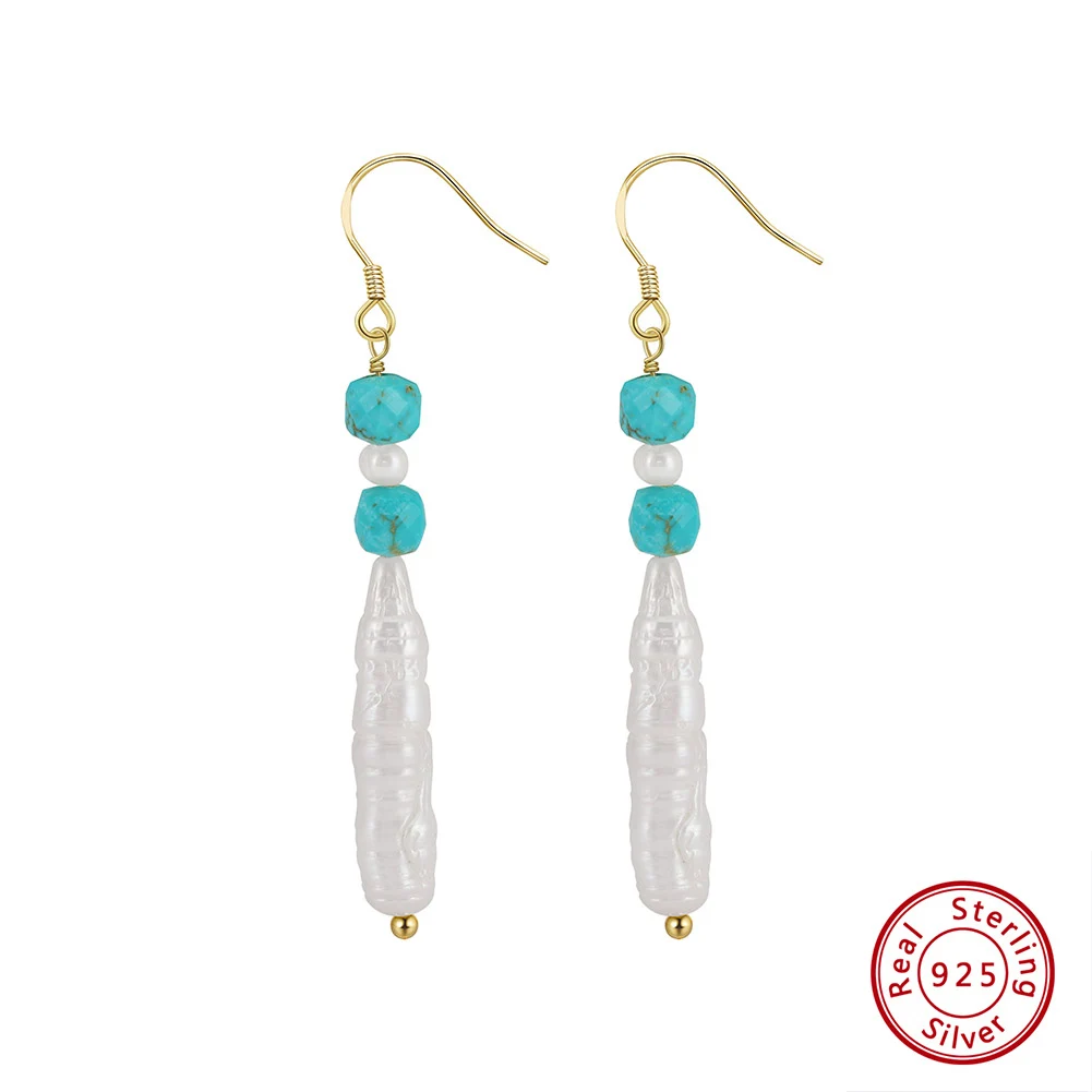 

Kiss Mandy Fashion Turquoise Earrings with Baroque Pearl Pendant Gift S925 Silver Natural Stone Original Turquoise Jewelry MPE06