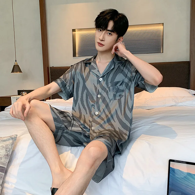 Pajamas Suit Men Summer Thin Ice Silk Short-sleeved Teenagers Outside New Style Loungewear Set Fashion Print Sleepwear Male Gift