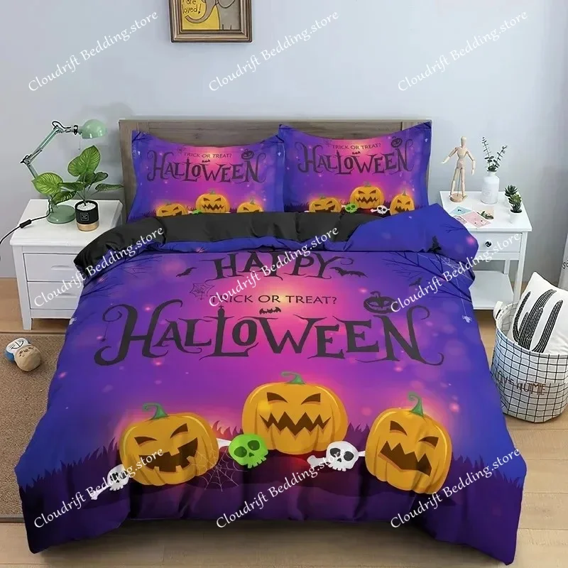 Happy Halloween King Queen Duvet Cover Orange Pumpkin Bedding Set Boys Teens Adults Bats Horror Festival Polyester Quilt Cover