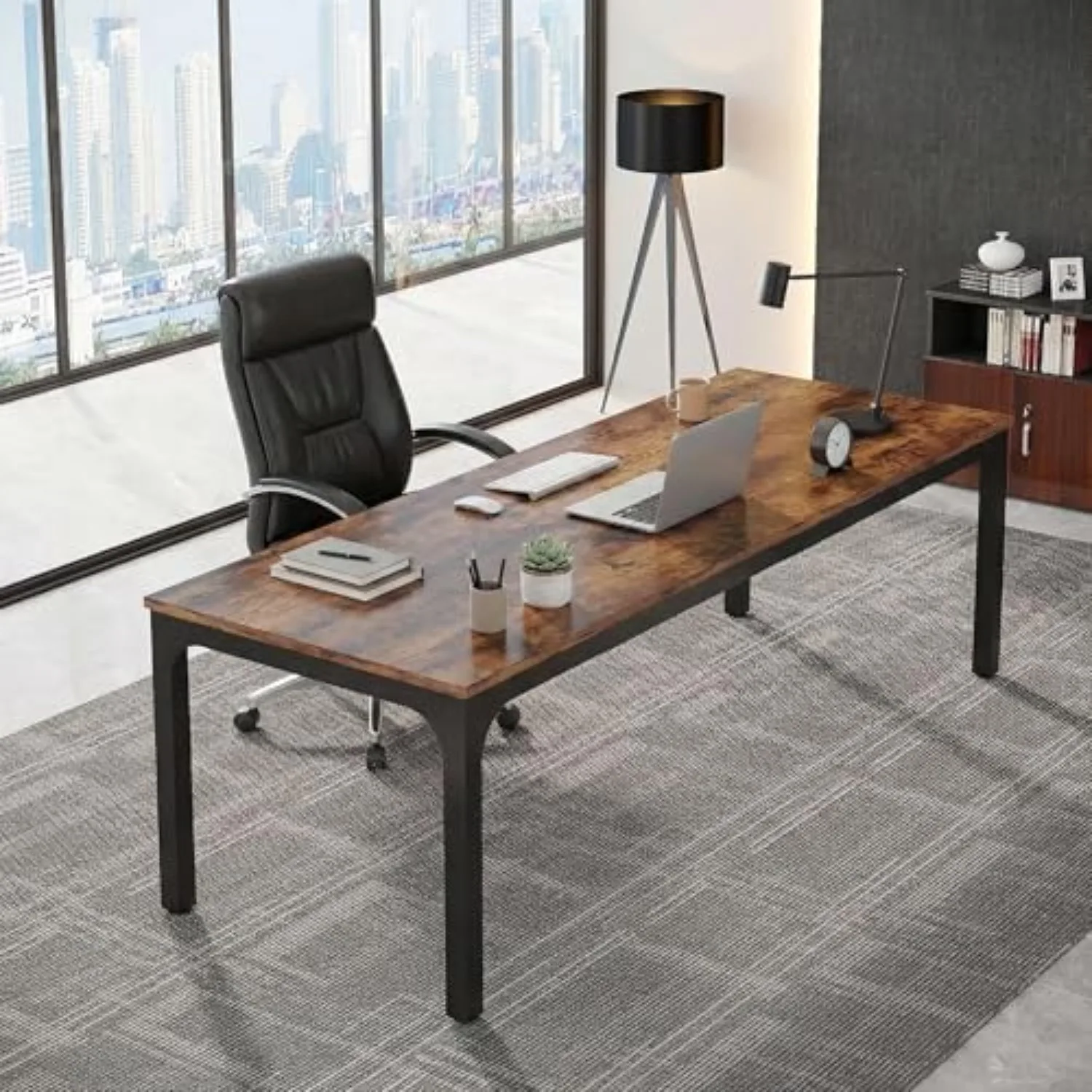 79 Inch Conference Table, Rectangular Meeting Seminar Table, Office Table with Metal Legs, Wood Computer Desk, Business