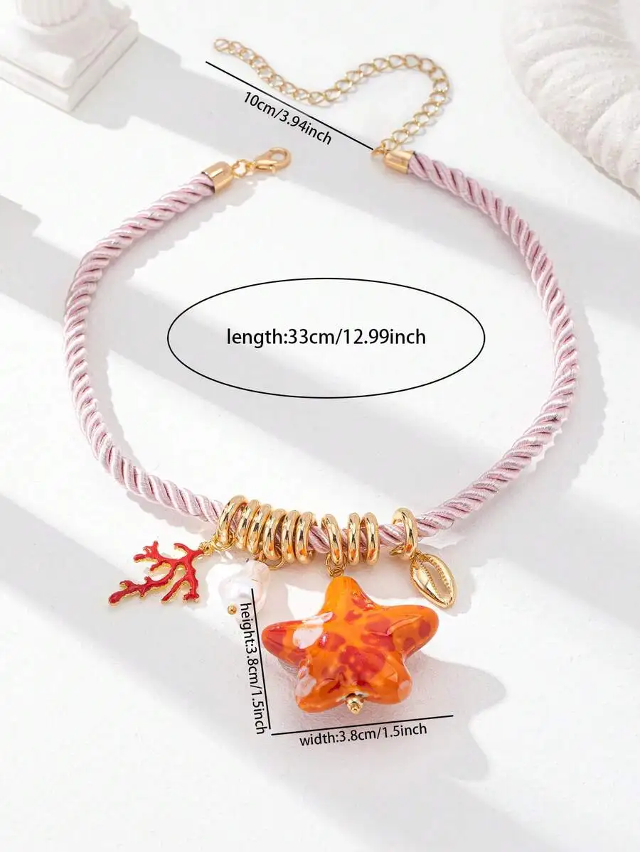 Summer Ocean Style Starfish Pendant Coral Necklace Handmade Ceramic Seashell Charm Chunky Cord Beach Travel Jewelry