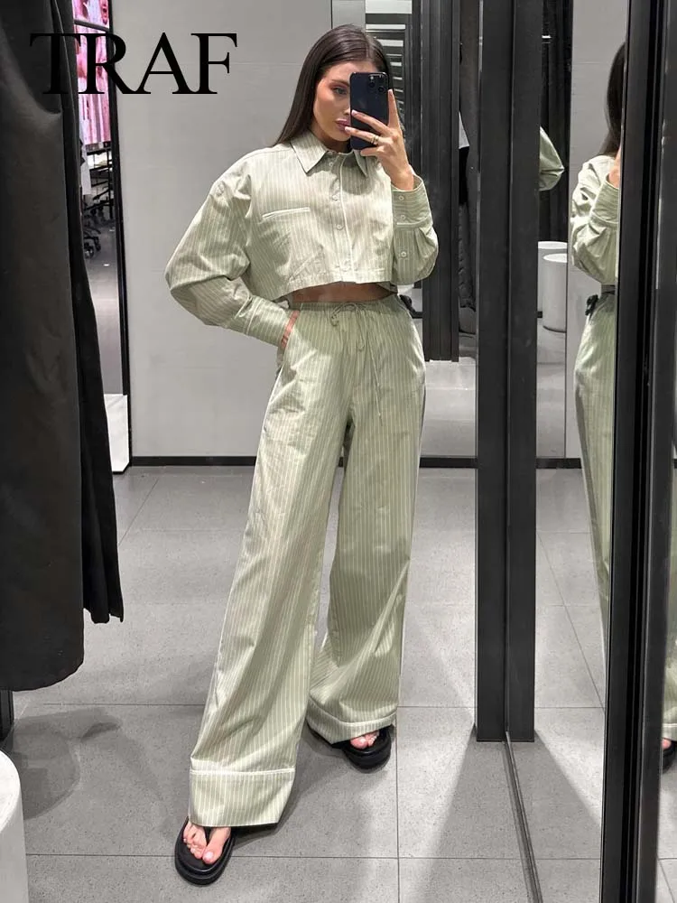 TRAF Women Fashion Suit Solid Stripe Turn Down Collar camicia corta a maniche lunghe + Lace Up elastico a vita alta gamba larga Mujer Pant