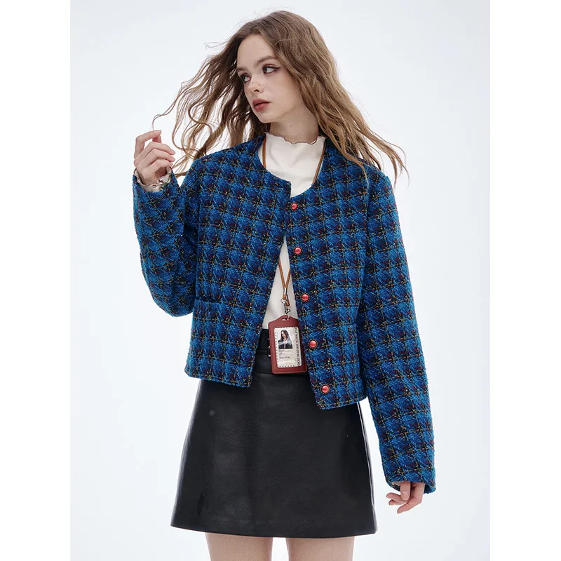 ELFSACK 2025 Winter New Arrivals Y2K Vintage Check Round Neck Short Jacket For Woman - Image 3