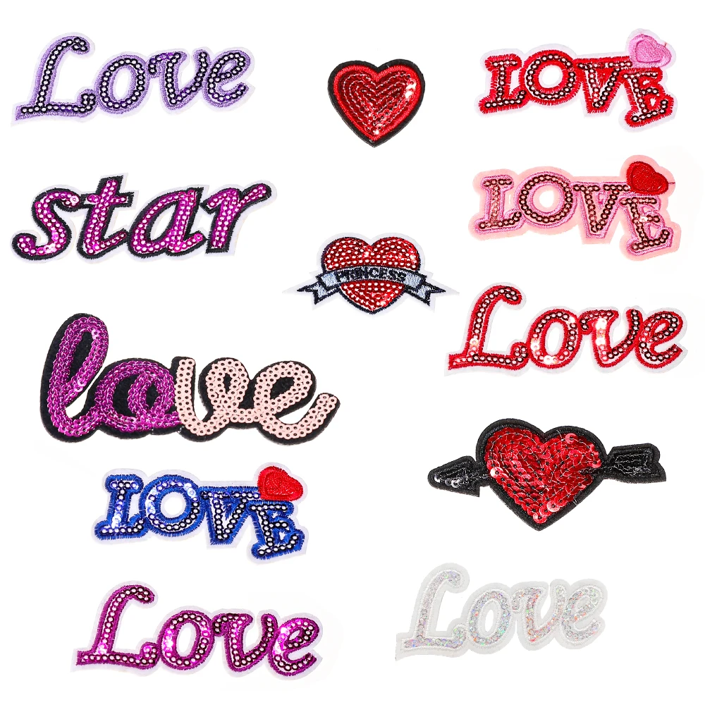 1 piece Sequined Love Heart Patches Iron On Jeans Coats Bags Hats Repair Text Appliques Sewing Badge Wholesale