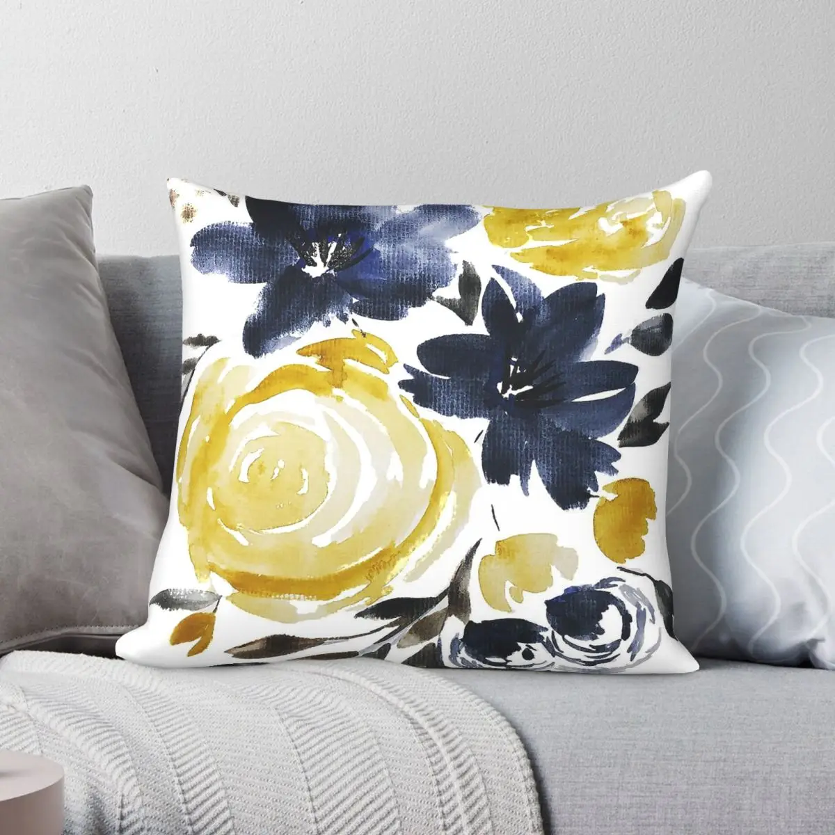 Navy Yellow Loose Floral Bouquet Square Pillowcase Polyester Linen Velvet Pattern Zip Decorative Sofa Cushion Cover