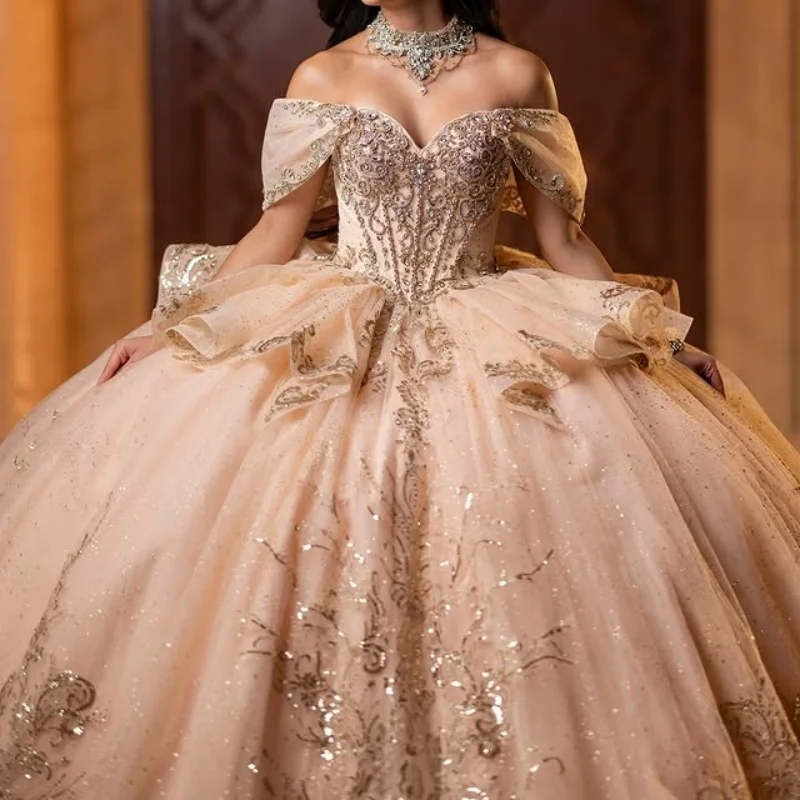

Shiny Light Champagne Quinceanera Dresses Glitter Crystal Decal off-shoulder Long tail Bow Vestido 15 Quinceanera Customize