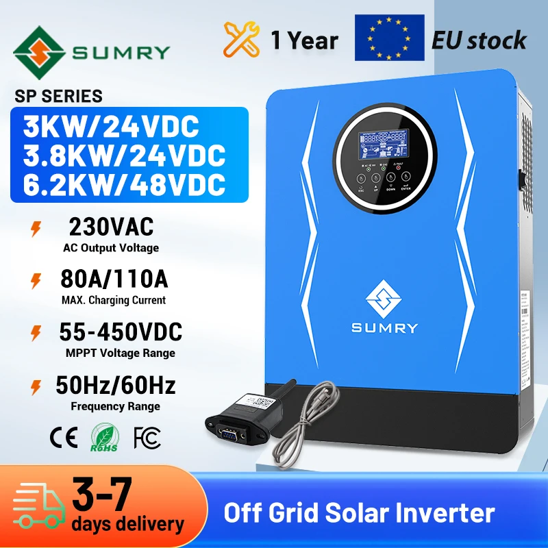 Sumry 3kw 3.8kw 6.2kw Solar Inverter Off Grid Hybrid Inverter Pure Sine Wave 220/230v Pv Range 55-450v Solar Battery Charger