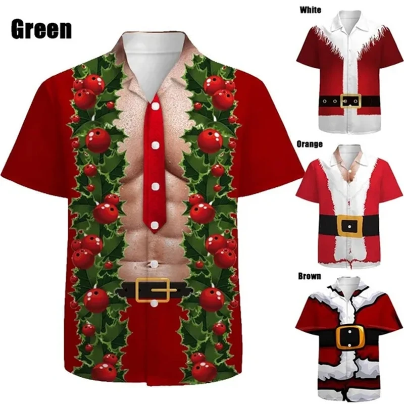 Camisa estampada de Papai Noel manga curta masculina, peludo Natal paródia muscular cosplay, camisa de botão lapela, presente casual, novo