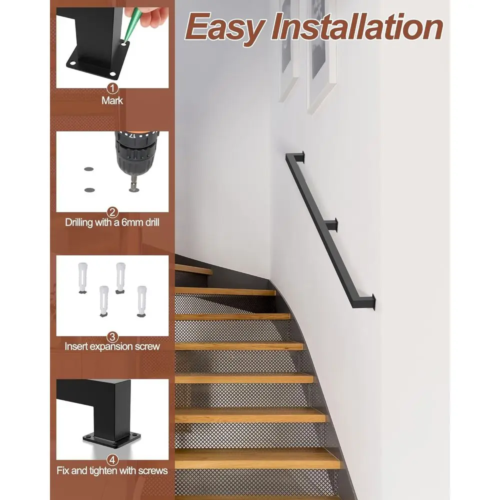 حاجز درج معدني صناعي أسود غير لامع، سعة تحميل 500 رطل، حامل على الحائط، غير قابل للانزلاق، 5 أقسام