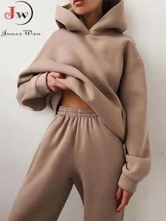 Women Fleece Sweatshirt Two Piece Sets Hoodie Pants Suits Autumn Winter Ladies Loose Hooded Sets