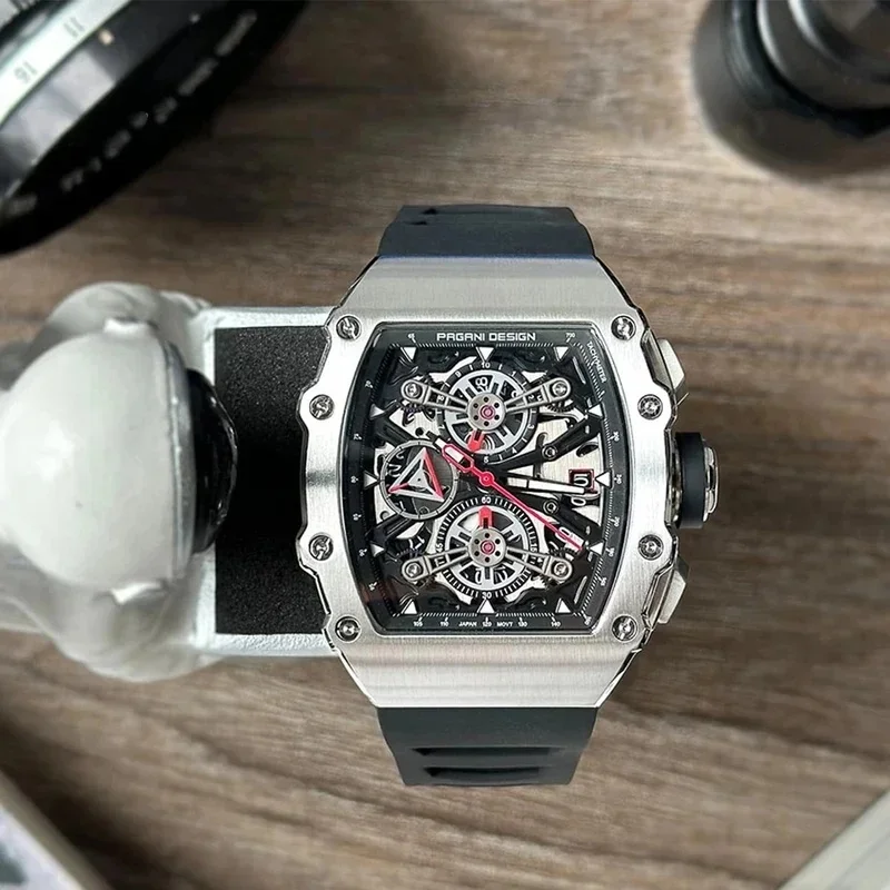 PAGANI DESIGN 2026 Barrel Shaped Hollow Quartz Watch for Men Multiple Time Zone Sapphire Crystal Waterproof Chronograph Wristwat