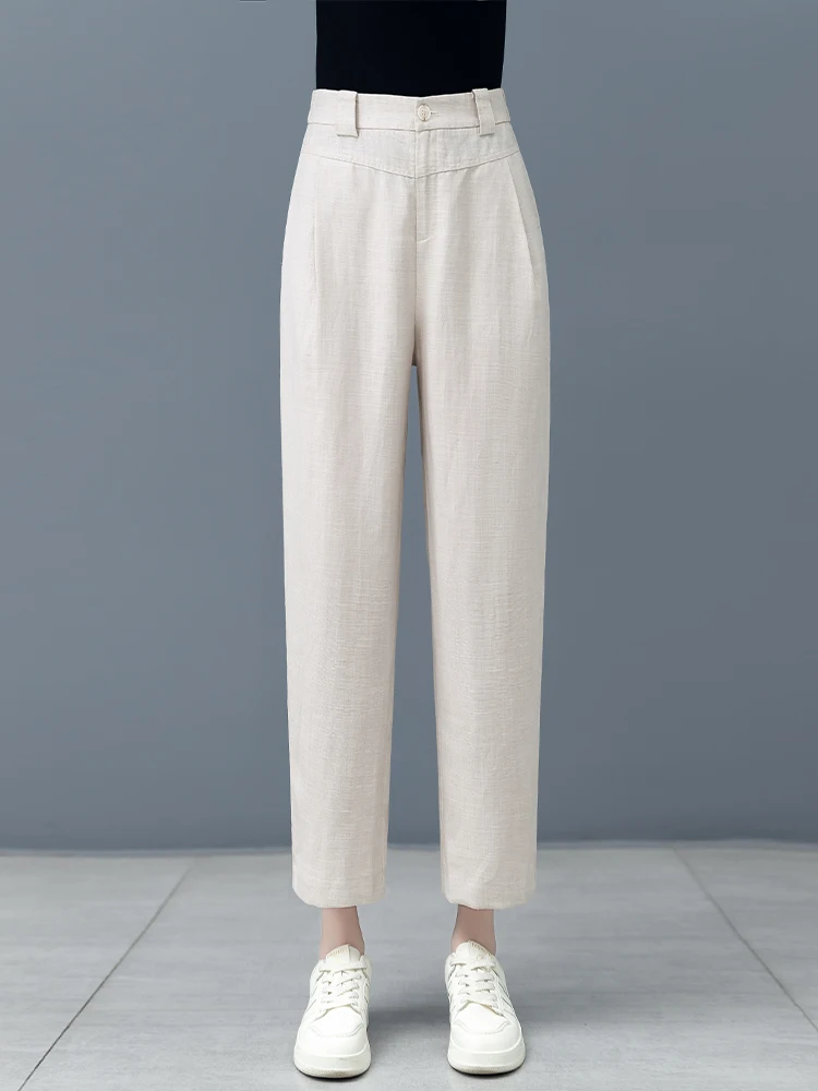 

Summer Thin Harem Pants Women's High Waist Casual Nine Points Ice Silk Linen Pants Korean Style Commute Loose Fit Pocket Detail