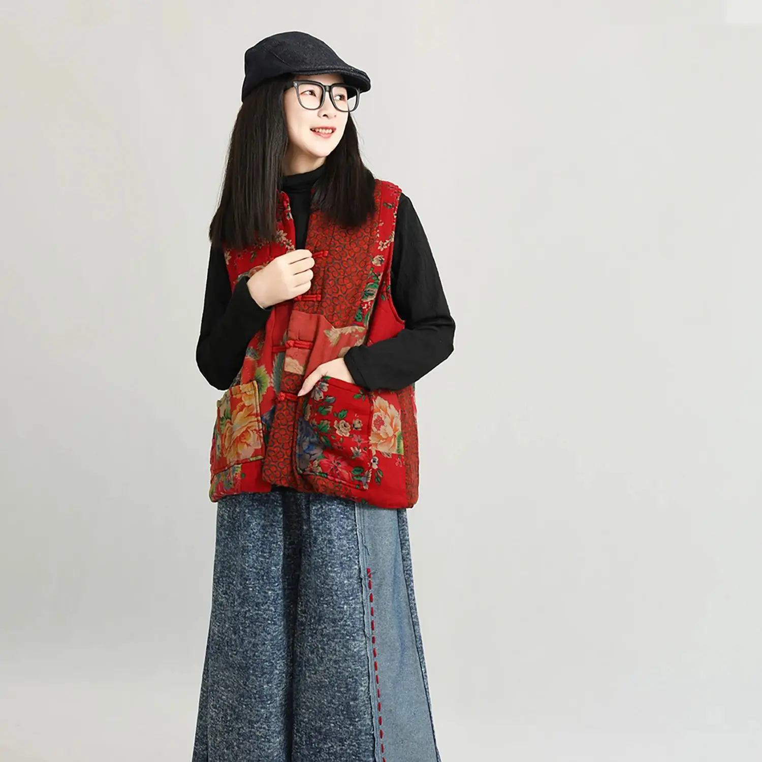 

LZJN Осень/Зима Жилет без рукавов в этническом стиле, лоскутное утолщение с пуговицами в стиле ретро, стильный и теплый дизайн.