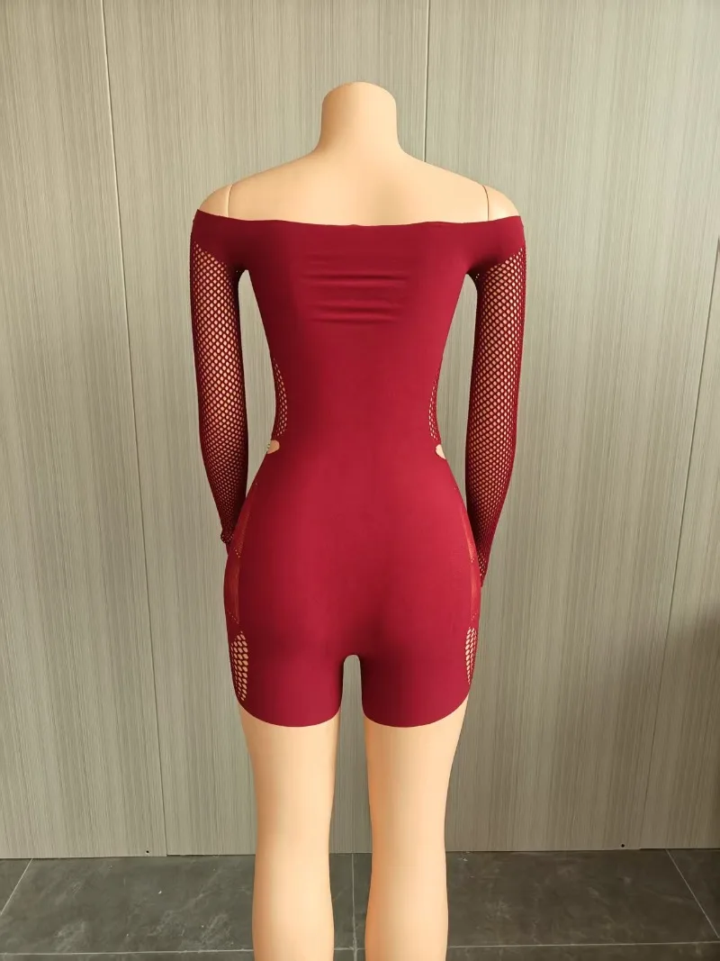 Oco para fora fishnet ver através magro playsuit feminino sexy slash neck fora do ombro manga longa alta estiramento noite clubwear macacão