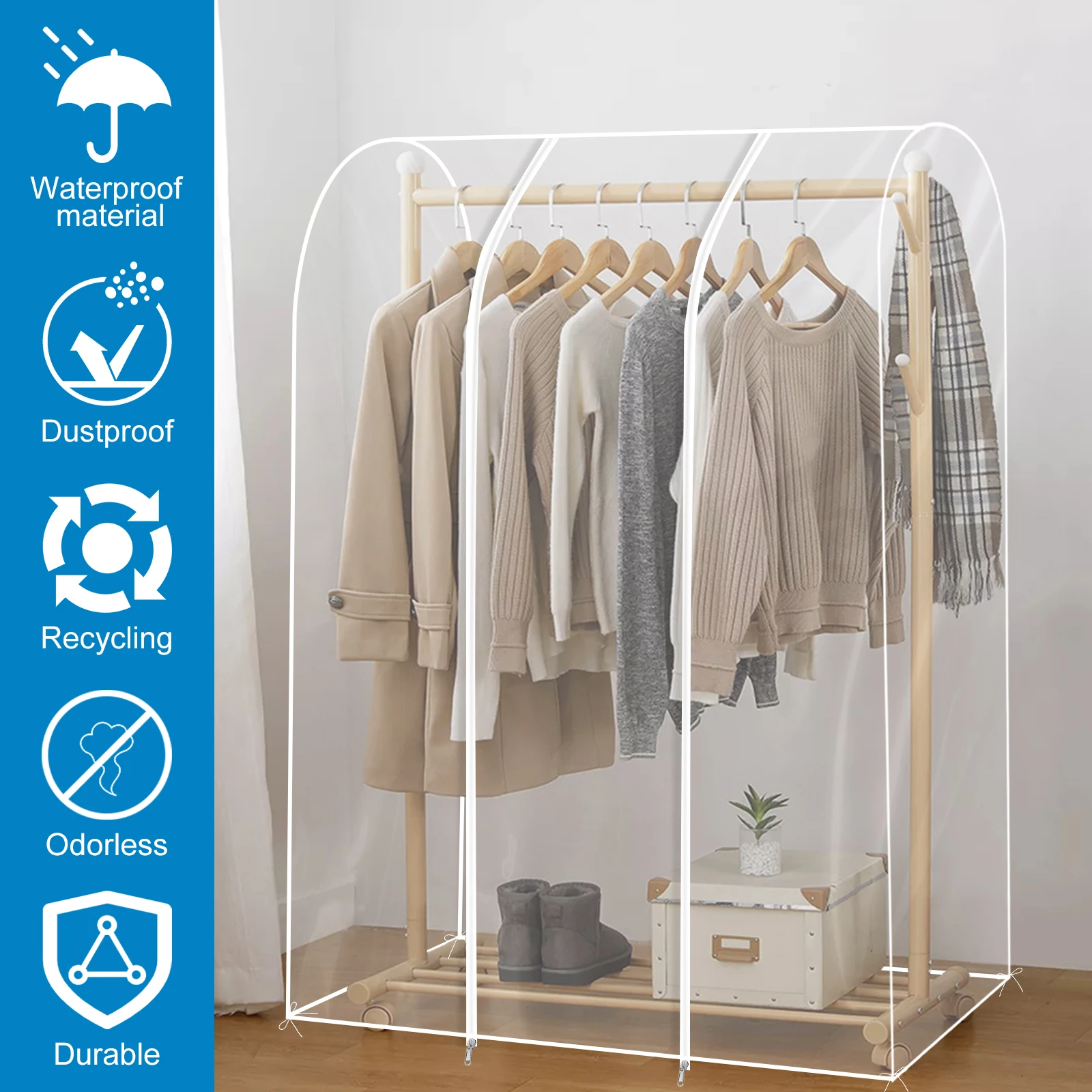 Clothing Dust Cover Garment Rack with Zipper Reusable Transparent Waterproof Dustproof PEVA Large Clothes Rail Cover Organizer