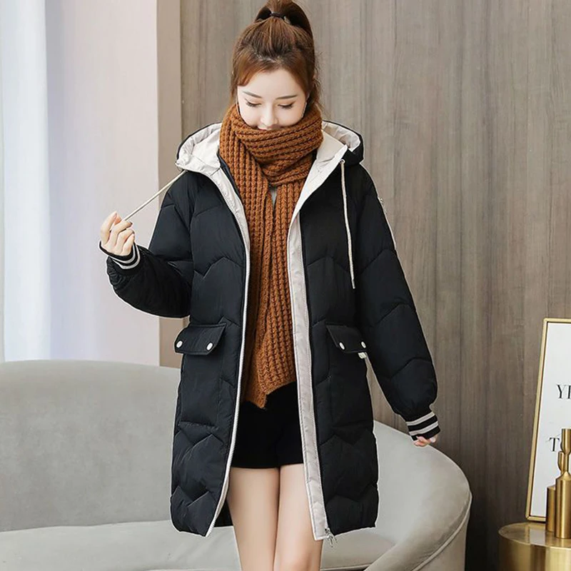 

Thicken Warm Hooded Zipper Cotton Jacket 2023 Fashion Patchwork Pocket Cotton Jacket Winter Lace-up Button Straight Cotton Coat