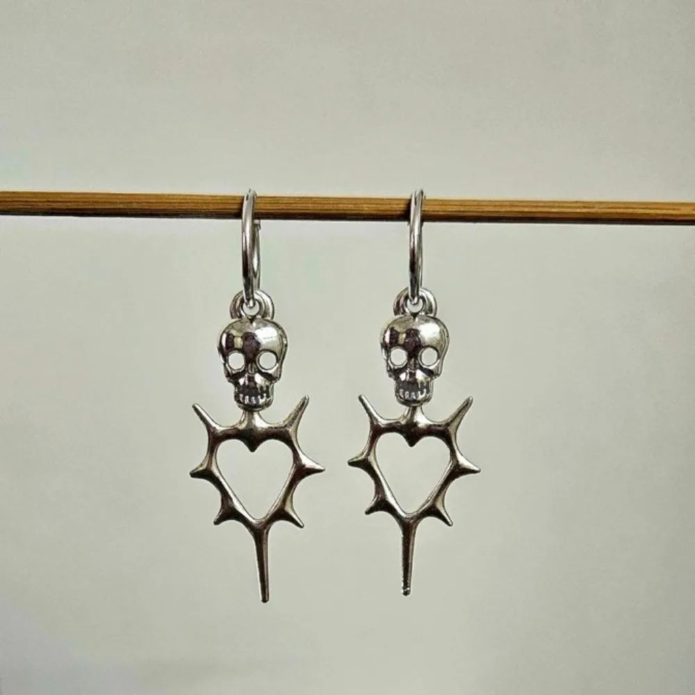 New Gothic Skull Spiky Hollow Heart Dangle Earrings Silver‑Tone Punk Dark Aesthetic Hoop Earrings for Men Women Punk Jewelry