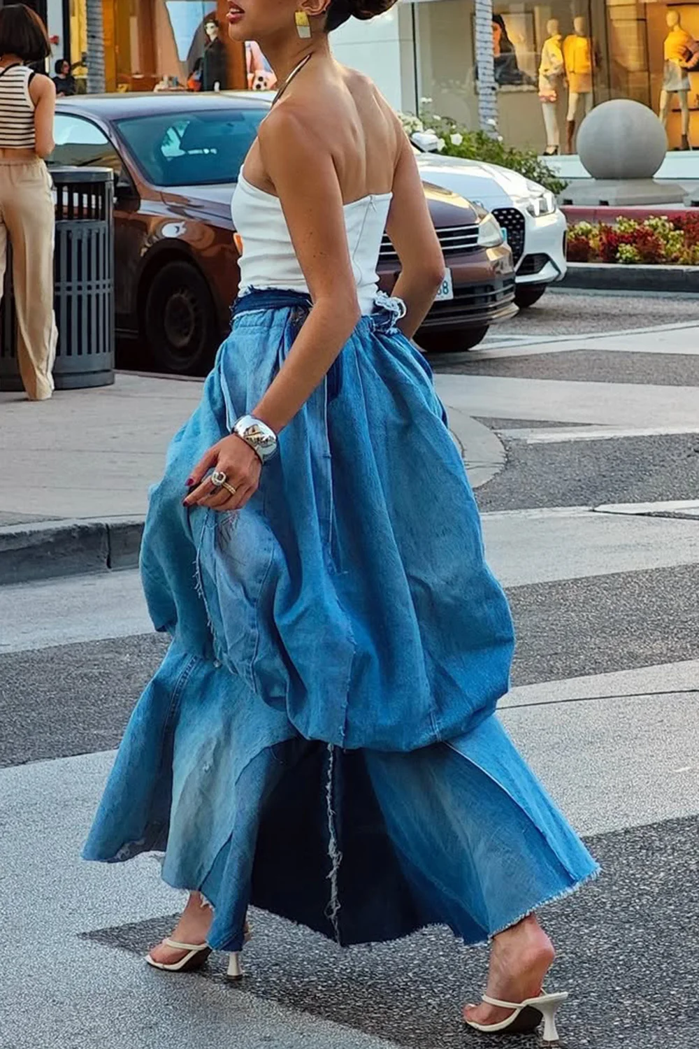 Plus Size Daily Blue Solid Bubble Lantern Hight Waist Denim Skirts