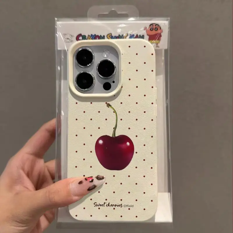 Sweet Red Polka Dot Cherry Fashion TPU Imitation Leather Phone Case For iPhone 16 Plus 15 14 13 12 11 Pro Max Shock-absorbing