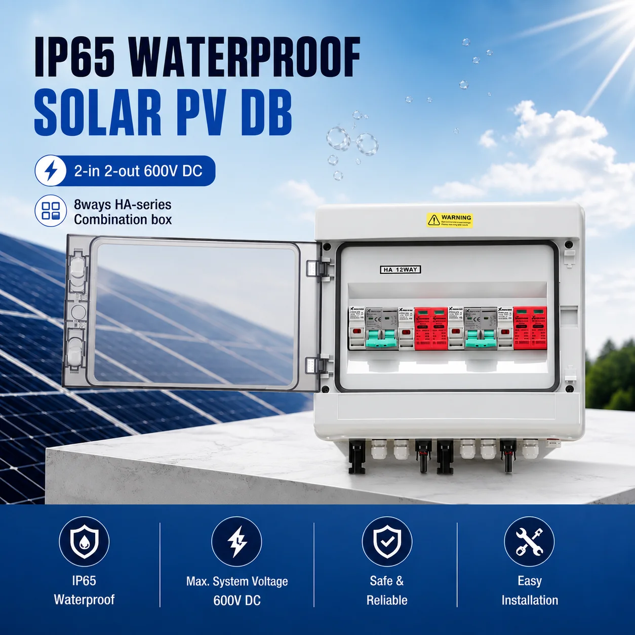 

XIONGI Solar Photovoltaic PV Combiner Box With Lightning Protection 2 Input 2 Output DC 600V Fuse MCB SPD Waterproof Box IP65