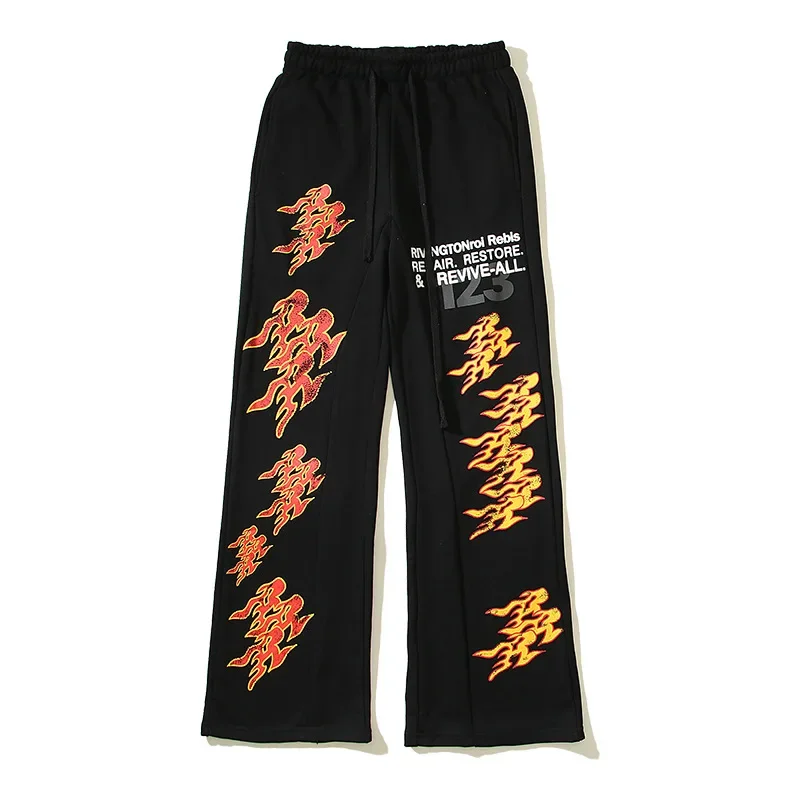 Flame Print Cotton Pants men High Street Vintage Flare Pants Y2k Men Sweatpants Loose Streewear Men Clothing Unisex