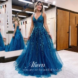 Mesh Women Evening Dress Applique Woman's Lace Wedding Ceremony Blue Luxury customized Elegant Dresses A-line Party White Gala