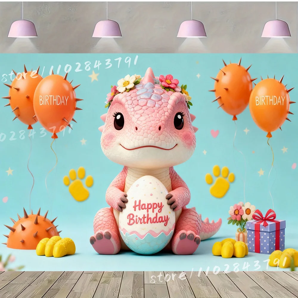 Adorable Blue Dragon Birthday Party Vinyl Backdrop Pink Balloons Flowers Gift Boxes Birthday Egg Background For Photo Booth