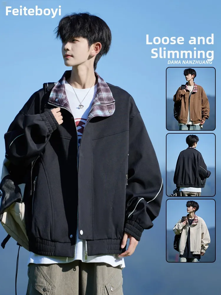 

Trendy Men's Jaet Loose Plaid Patchwork Collar Spring Autumn American Sle Faionable Ci Polyester Large Size Outerwear