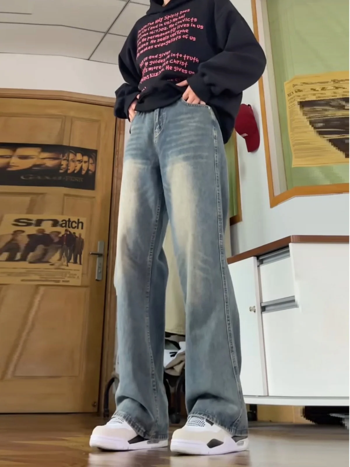 

aduated Light Blue Denim Jeans Men's Autumn Winter High Waist Extended Straight Leg Micro Flared Pants Retro American Vibe