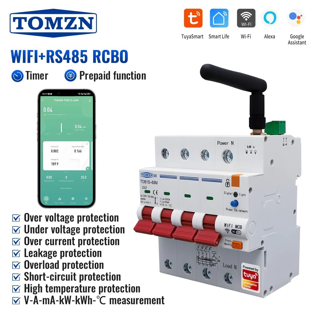 

TOB1S-63M 4P 400V 63A TUYA Smartlife WIFI автоматический выключатель дистанционное управление защита от перенапряжения/пониженного напряжения и тока температура