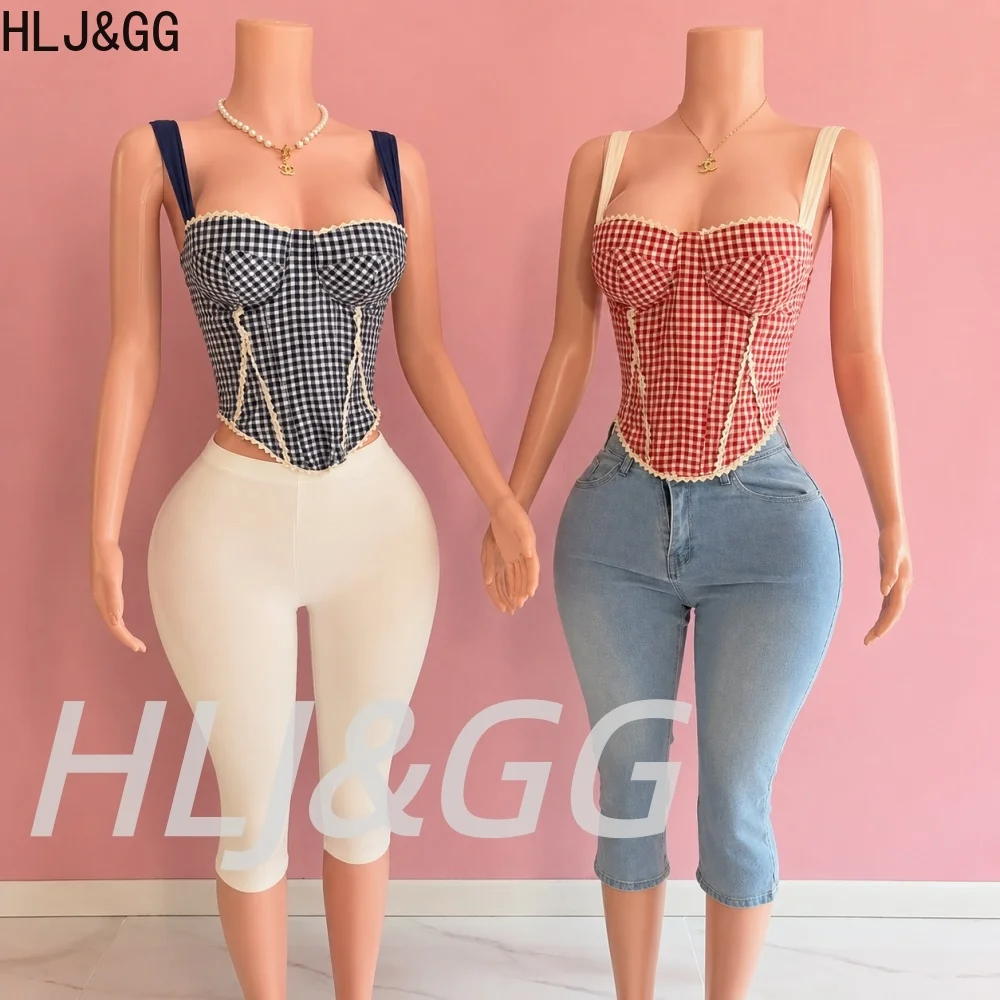 HLJ&GG Sexy Plaid Print Corset Two Piece Sets Women Spaghetti Strap Lace Slim Top And Skinny Shorts Outfit Retro 2pcs Streetwear