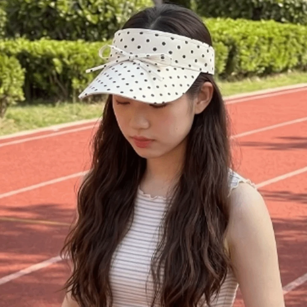 Ponytail Hat Polka Dot Sun Visor Breathable Bowknot Open Top Cap Adjustable Washable Beach Hat Vacation
