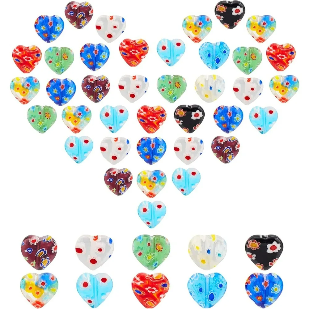 12mm Lampwork Flat Heart Glass Beads 80 Pcs 8 Colors Millefiori Spacer Beads Love Heart Bead Charms for DIY Jewelry Bracelet