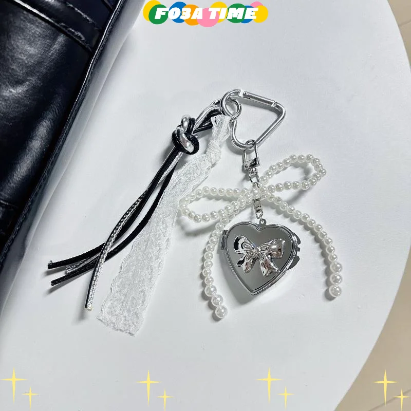 

Pearl Bow Silver Heart Mirror Keychain Pendant Exquisite Girly Keyring Bag Charm For Girls Gift