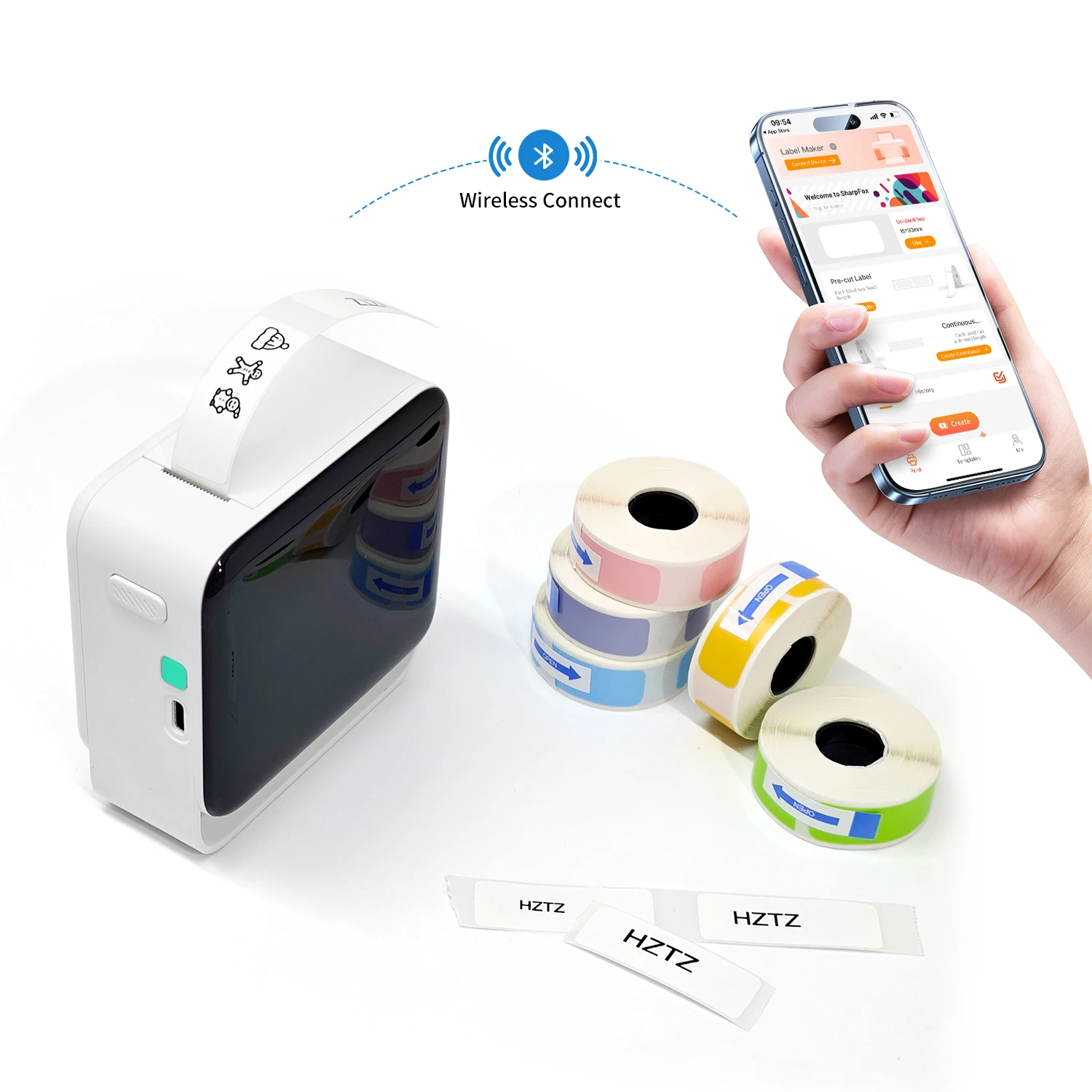 Label Maker, Sticker Printer, Wireless Label Printer with One Roll of Paper, Easy to Use.
