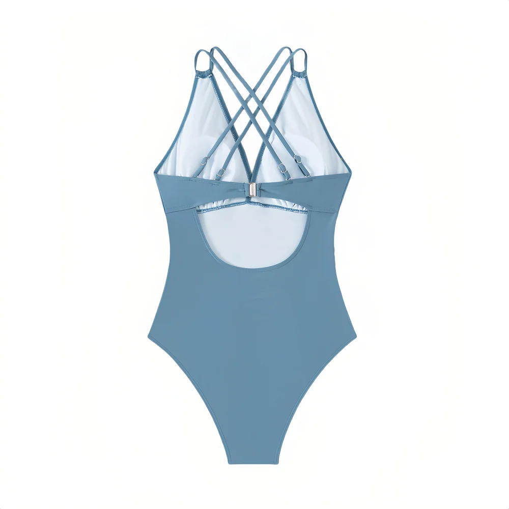 بدلة سباحة نسائية قطعة واحدة برقبة على شكل V بدلة استحمام نسائية متقاطعة من الخلف تصميم مكشكش بدلة سباحة أنيقة 2025 بيكيني مثير ملابس سباحة للشاطئ