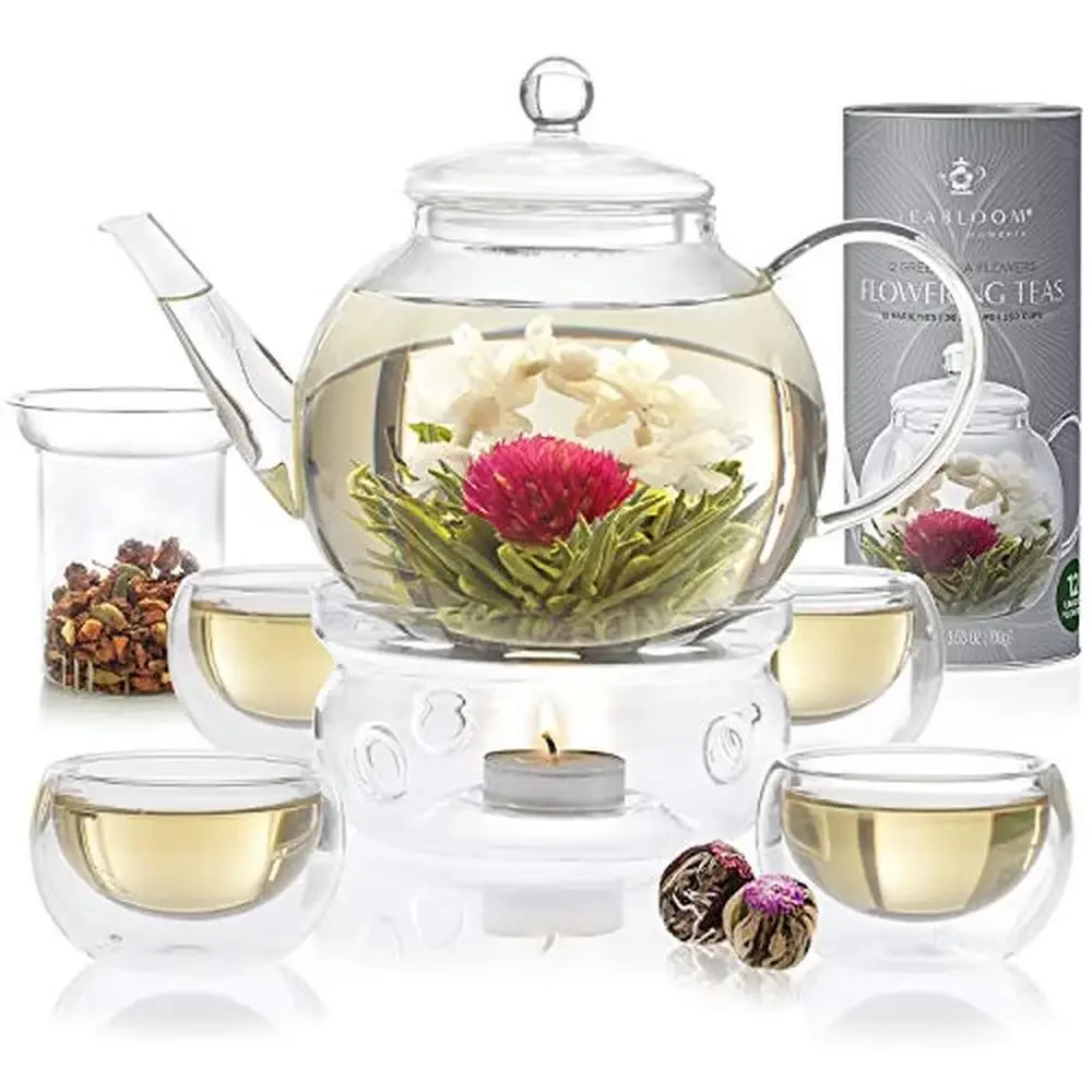 Glass Teapot Set 40 oz Blooming Tea Infuser with Warmer Double-wall Cups & 12 Flowering Teas