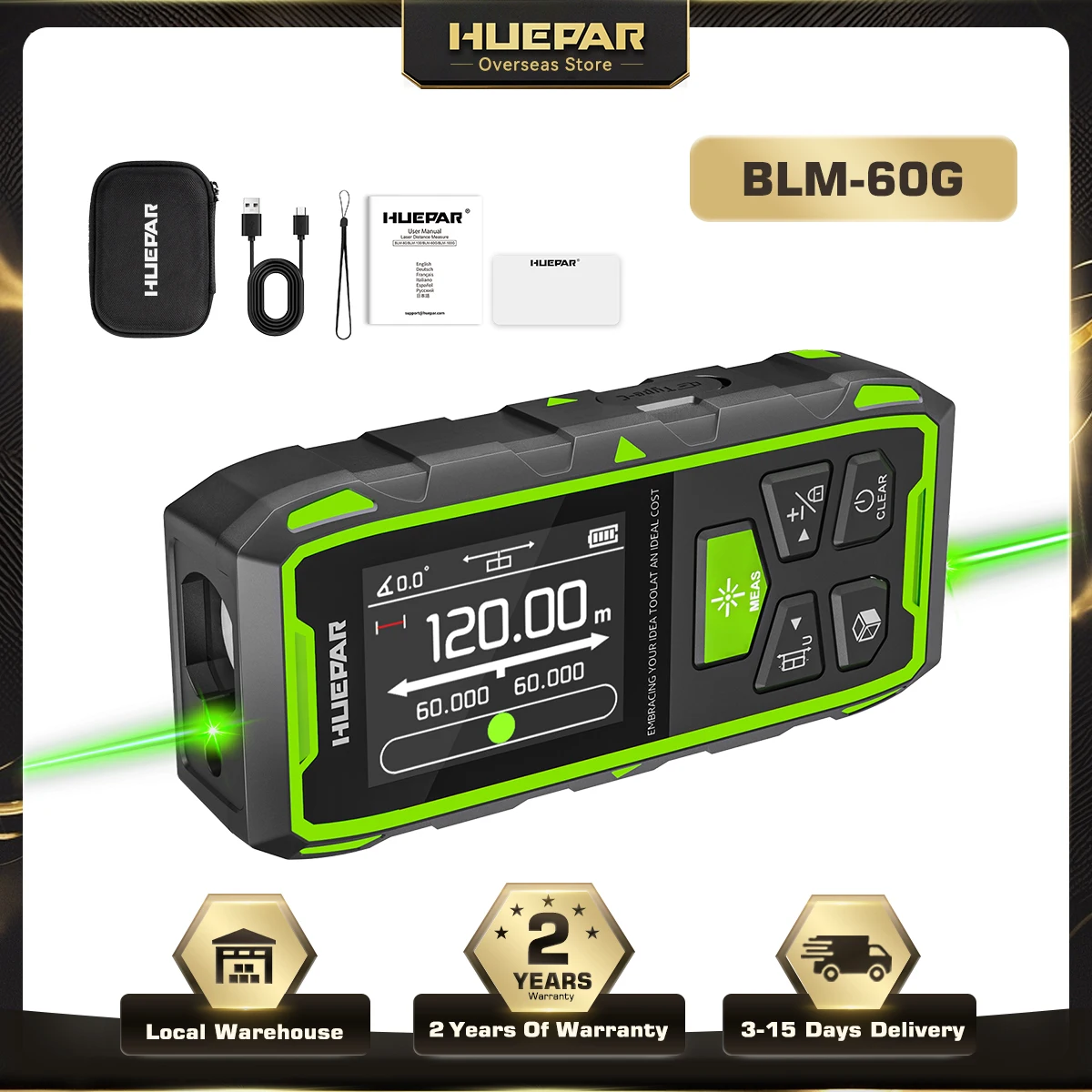 Huepar BLM-60G telémetro láser doble de haz verde medidor de medida láser unidad múltiple herramienta de medición de alta precisión con parte trasera LCD