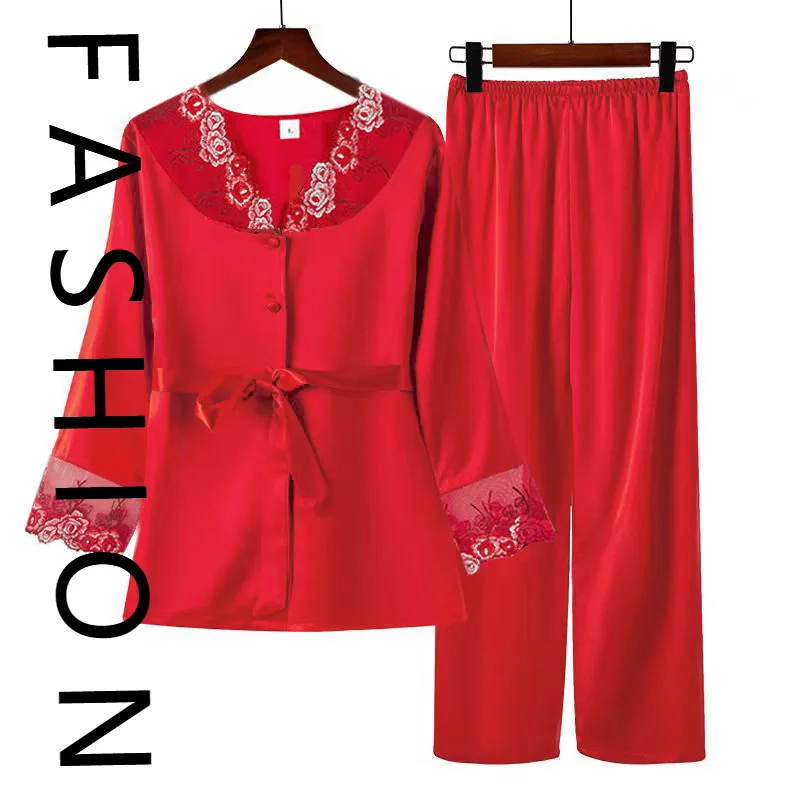 

Ice silk pajamas women's 2022 summer long-sleeved suit spring and autumn lace cardigan women's loungewear women's breathable and