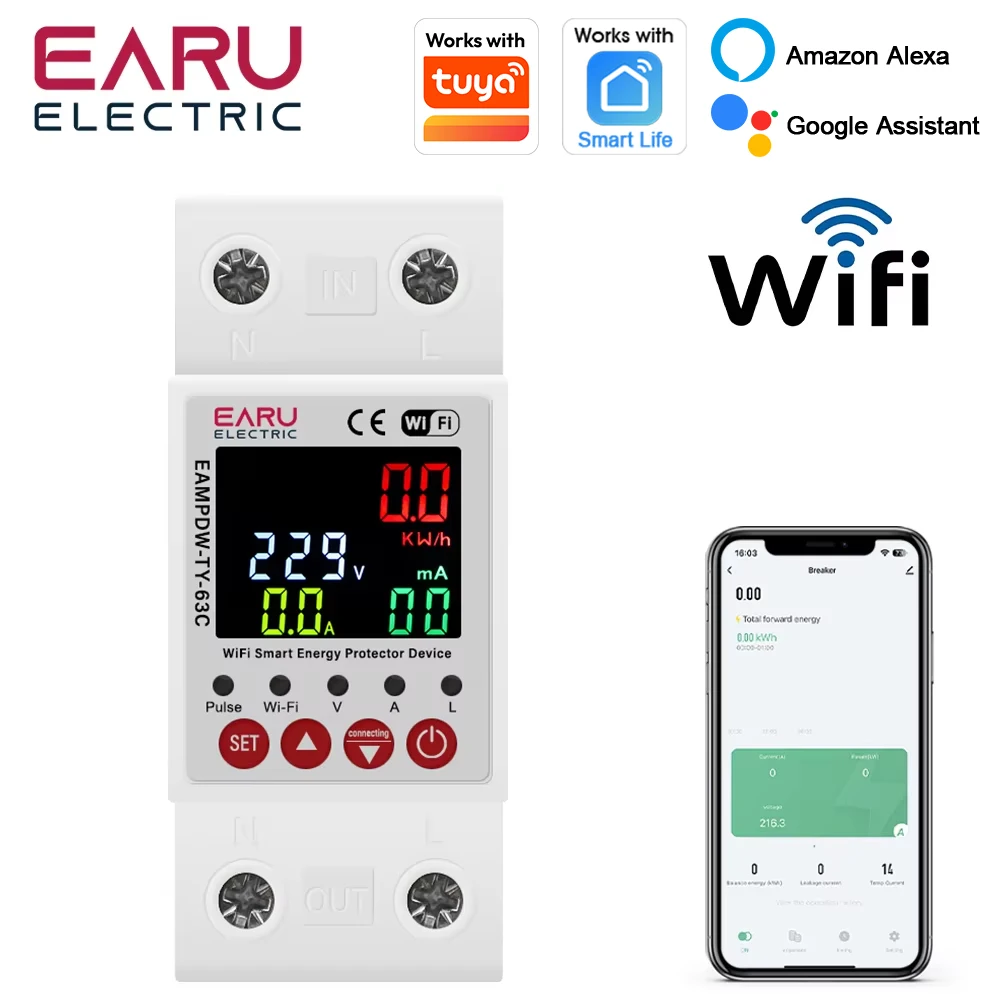 

Tuya Smart WiFi счетчик энергии счетчик мощности кВтч счетчик утечки на землю защита от пониженного напряжения реле времени устройство переключатель автоматический выключатель