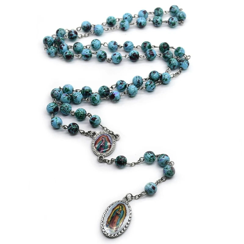 Guadalupe Pendant Rosary Necklace Glass Beads Strand Religious Jewelry For Men Women