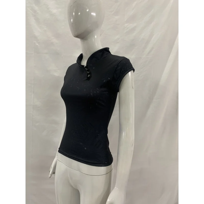 Women Black Qipao Top Chinese Style Mandarin Collar Short Sleeve T-shirt Slim Fit Cheongsam Blouse with Frog Buttons