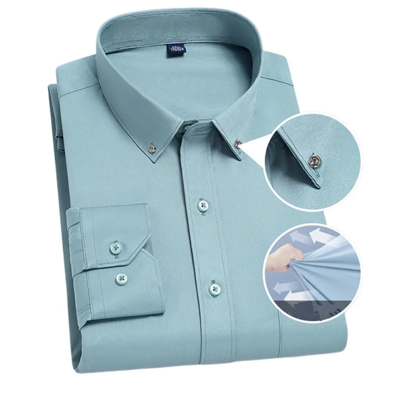 Fashion New Spring Men\'s Shirts Long Sleeve Casual White Gray Strecth Anti-Wrinkle Slim Fit Business Social Button Dress Shirt